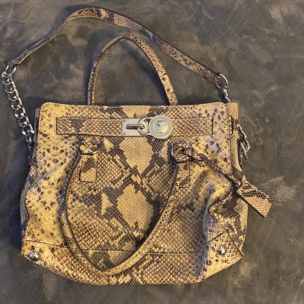 Michael Kors Chic Snake Print Tote with Chain Strap and silver lock accent